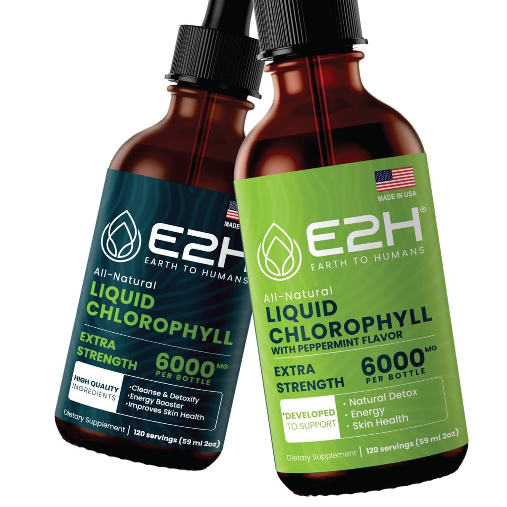 E2H: Liquid Chlorophyll Natural Flavor and Peppermint Flavor | Vegan, Non-GMO - 2 Fl Oz Each (4 Fl Oz Total) - Bundle