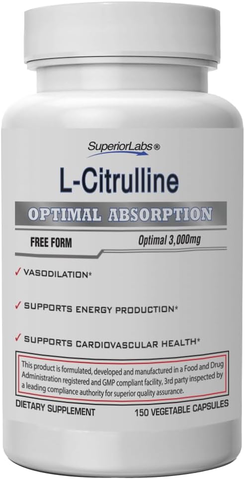 우수한 실험실 L-Citrulline 3000 mg, 비 GMO, 높 순수성 자유로운 모양 아미노산, Nitric 산화물 & Vasodilation 승압기, 전 운동 근육 펌프, 내구시간, 심장 혈관 지원, 150 Veg 모자