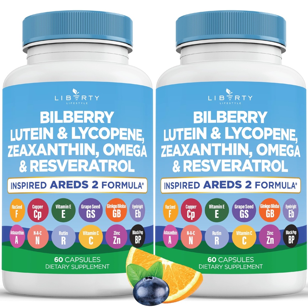 Liberty Lifestyle Eye Health Vitamins with Bilberry, Lutein & Zeaxanthin, Lycopene, Resveratrol, Grape Seed Extract, Flaxseed Astaxanthin- AREDS 2-120 Capsules