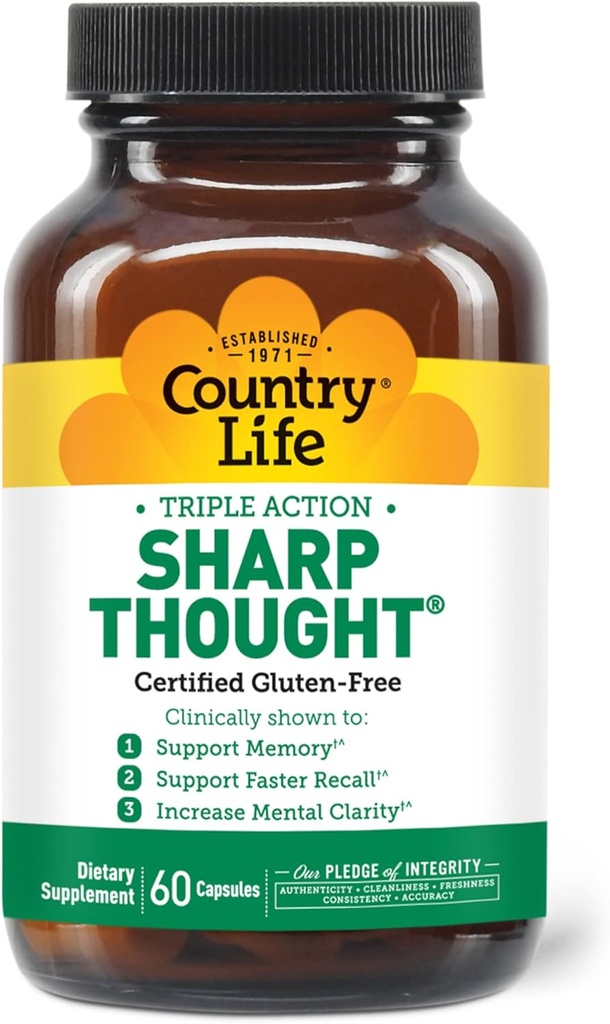 Country Life Sharp Thought - Memory & Cognitive Support Supplement - Sharp-PS Gold Phosphatidylserine + DHA - promove a claridade mental e memoria máis rápida - Gluten-Free, 60 cápsulas