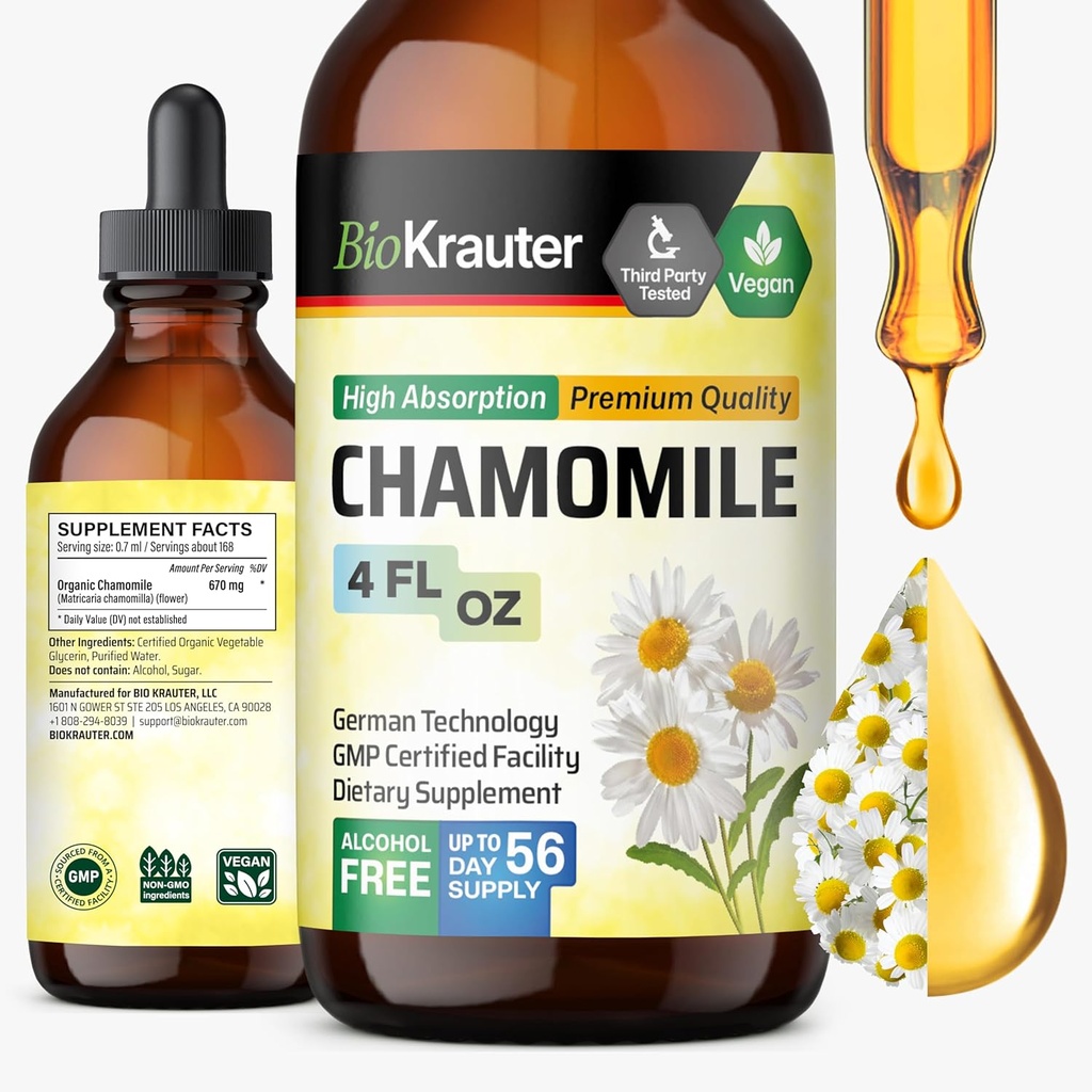 BIO KRAUTER Chamomile Tincture - Chamomile Extract - supplement for chillation and coolness Support - Alcohol and Sugar Free - Vegan drops 4 Fl.Oz.