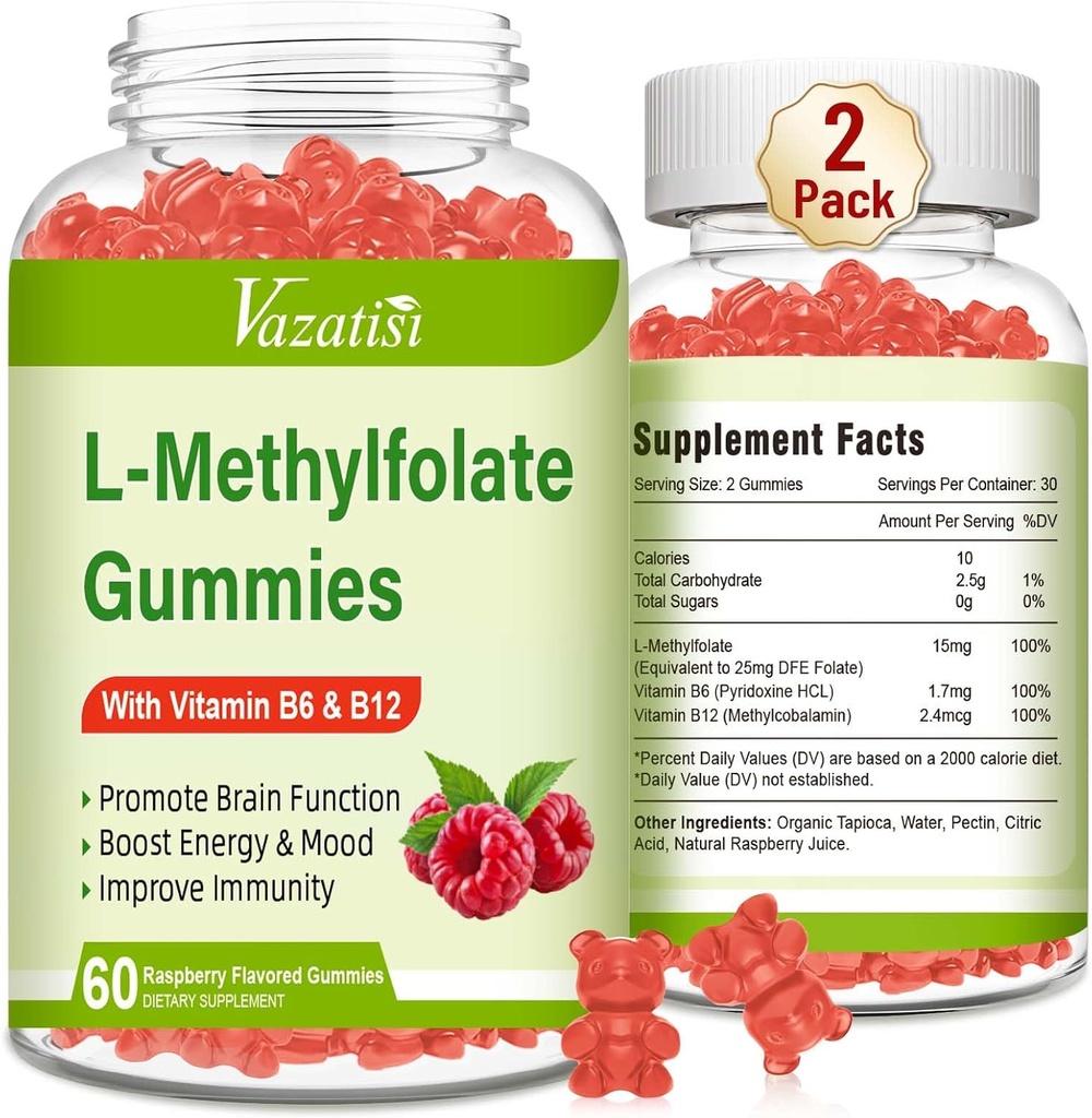 L-Methylfolate 15 mg Metil B12 ilə Gummies, Mood, Brain Health, Immune Support, Raspberry Flavor, 120 Count
