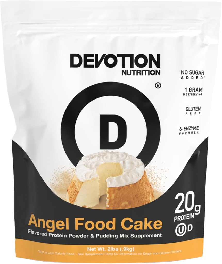 Devotion Nutrition Protein Powder Angel Food Bolo – 20g Whey Isolate & Casein Protein Blend – Sem açúcar adicionado, Baixo Carbo, Sem glúten, Keto-Friendly, 1g MCT, Kosher – 2lb Pouch