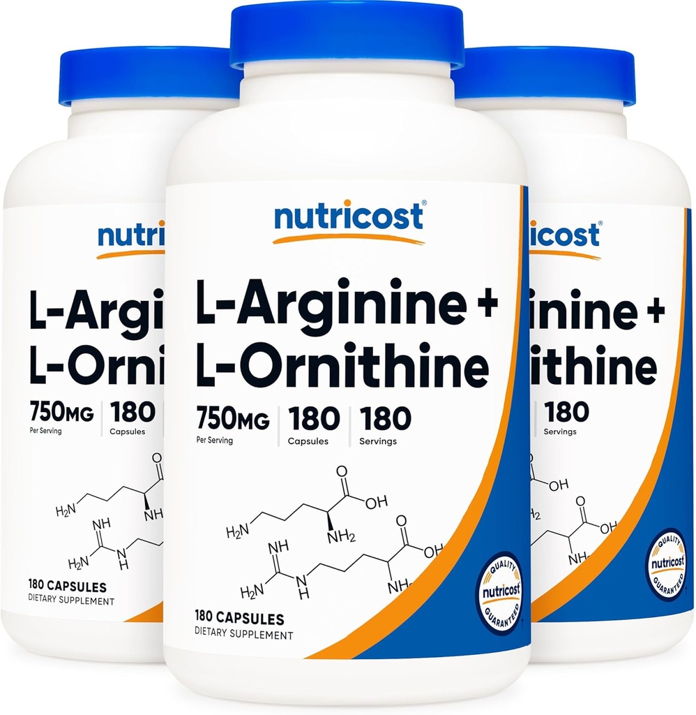 Nutricost L 아르기닌 L-Ornithine 750mg; 180 캡슐 (3 병)