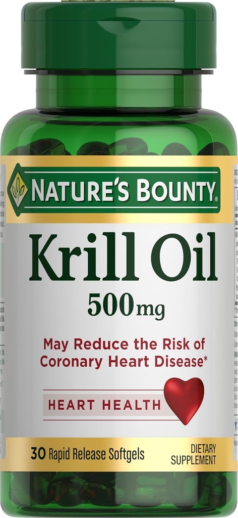 Nature's Bounty Krill Oil, Heart Health, Dietary Supplement, 500mg, Rapid Release Softgels, 30 conta