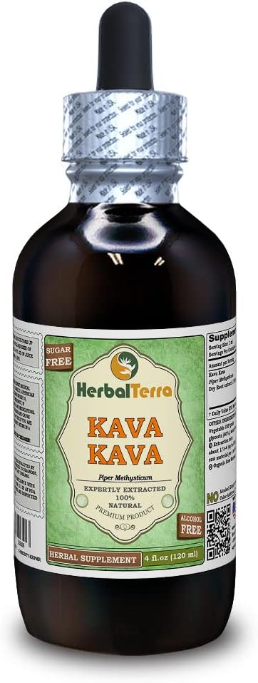 Kava Kava (Piper Methysticum) Glycerite, Изсушен екстракт безкорен алкохол (Бранд Име: HerbalTerra, Гордо Made in USA) 4 fl.oz (120 ml)