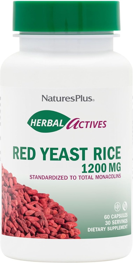 NaturesPlus Herbal Actives Red Yeast Rice 1200 mq - 60 Kapsül - Qeyri-GMO, Vegan, Gluten Pulsuz - 30 Xidmət