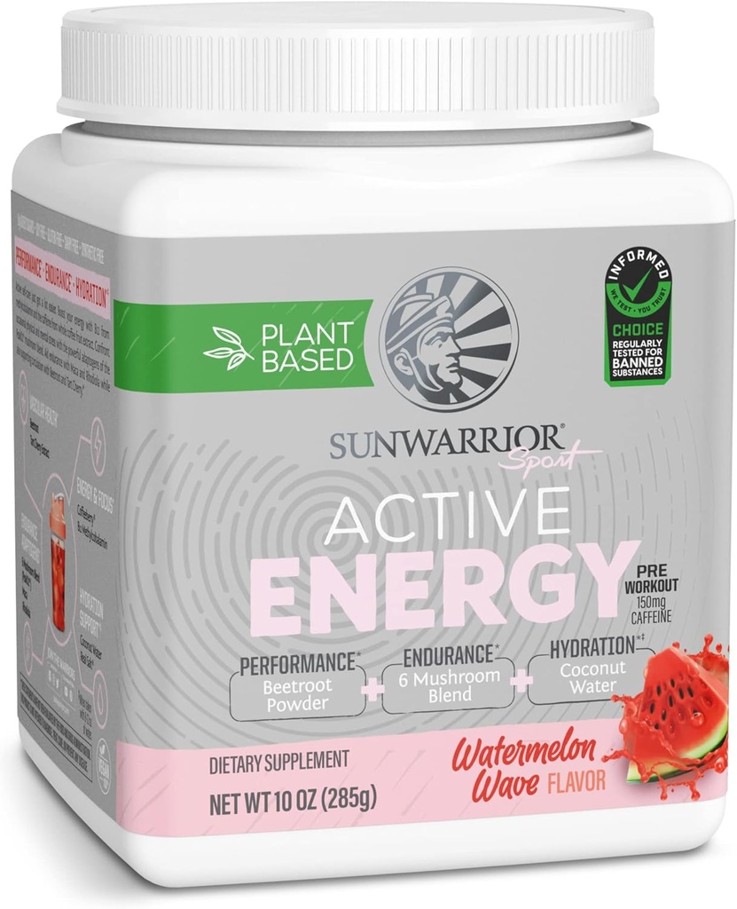 Sunwarrior Plant-Based Preworkout Powder Hydration Blend | 코코넛 워터 버섯 혼합 소이 무료 설탕 무료 글루텐 무료 유제품 무료 | Watermelon Wave 30 서빙 | 스포츠 활성 에너지