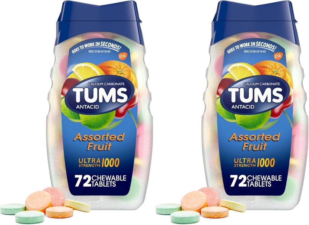 TUMS Антиацидни дъвчащи таблетки за облекчаване на киселините, Ultra Strength, Разнообразни плодове, 72 таблетки (пакет от 2)