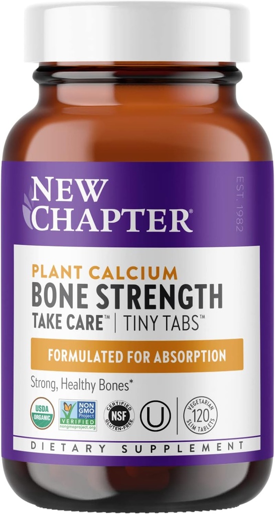 Novo capítulo Suplemento de calcio - forza ósea Tiny Tabs Organic Calcium con magnesio, vitamina D3+K2, 70+ Trace Minerals for Bone Health, Gluten Free, Easy to Swallow - 120 ct