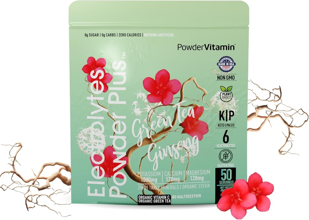 PóVitamina Eletrólitos Pó Plus (50 Servões) Chá verde Ginseng Eletrólito Pó Keto, Açúcar Livre, Rosa Himalaia Sal,1000mg Potássio,120mg Cálcio,120mg Magnésio, Hydration Pó