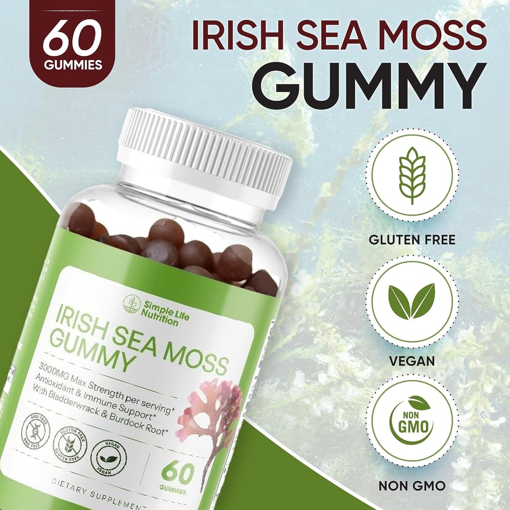 Organic Irish Sea Moss Gummies - Burdock Root a Bladderwrack Natural Blend - Immune System Gut Cleans & Thyroids Supplement - Skin and Nail Health - 60CT
