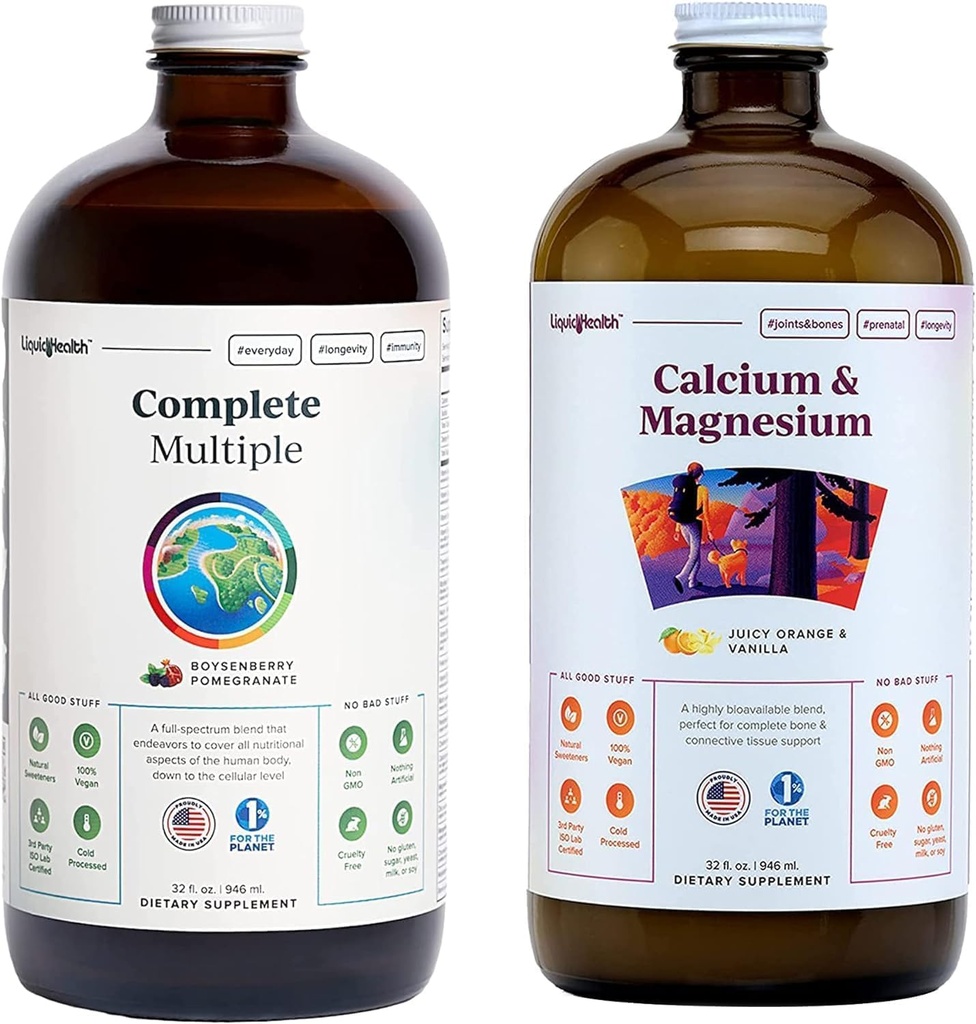 LIQUIDHEALTH Complete Multiple Multivitamin & Calcium and Magnesium Liquid Vitamin Bundle for Adults - Whole Body Health, Immune System, Bone & Joint Support - Whole Foods, Vegan, Non-GMO, USA Made