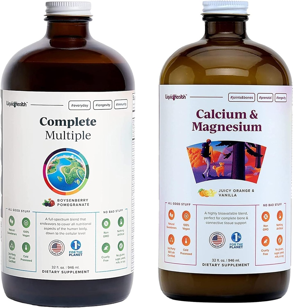 LIQUIDHEALTH Complete Multiple Multivitamin & Kalcium and Magnézium Liquid Vitamin Bundle felnőtteknek - Teljes test egészség, Immunrendszer, Csont- és Közös Támogatás - Teljes élelmiszerek, Vegán, Non-GMO, USA Made
