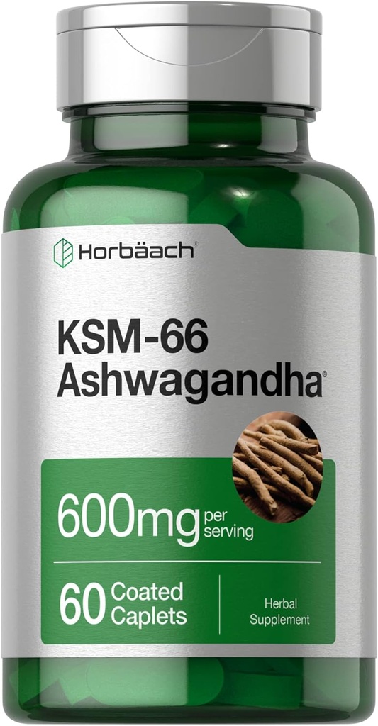 Horbäach KSM-66 Ashwaganda Phụ Caplets 600mg 60 Pills  L-Theine cho phụ nữ và đàn ông
