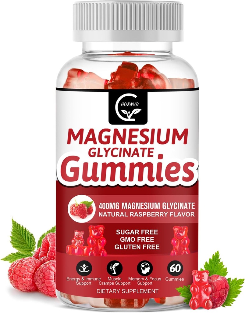 Magnesium Glycinate Gummies 400mg, Mg Potassium Supplement med Chelated Magnesium Malate Complex, Vitamin D, B6 och CoQ10, Stöder för minne, lugn, humör och sömn - 60 greve 1)