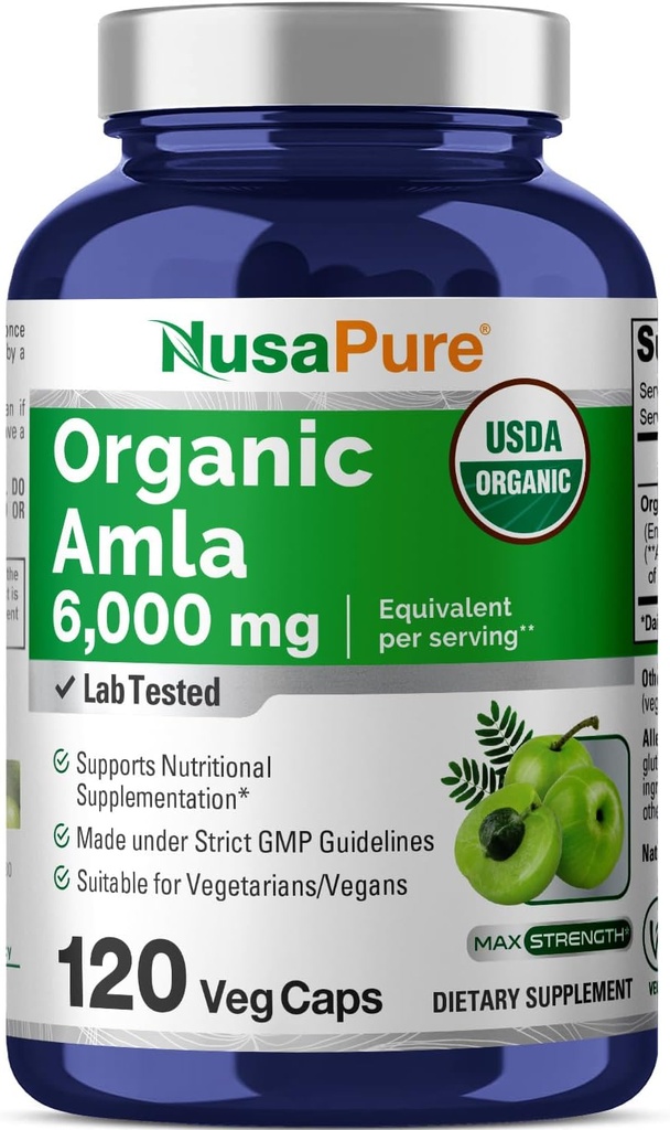 NusaPure Organic Amla Capsules 10:1 Extracto, 600 mg Equivalente a 6,000mg | 120 Conde | Amalaki Fruit | USDA, Vegan, Non-GMO Suplemento