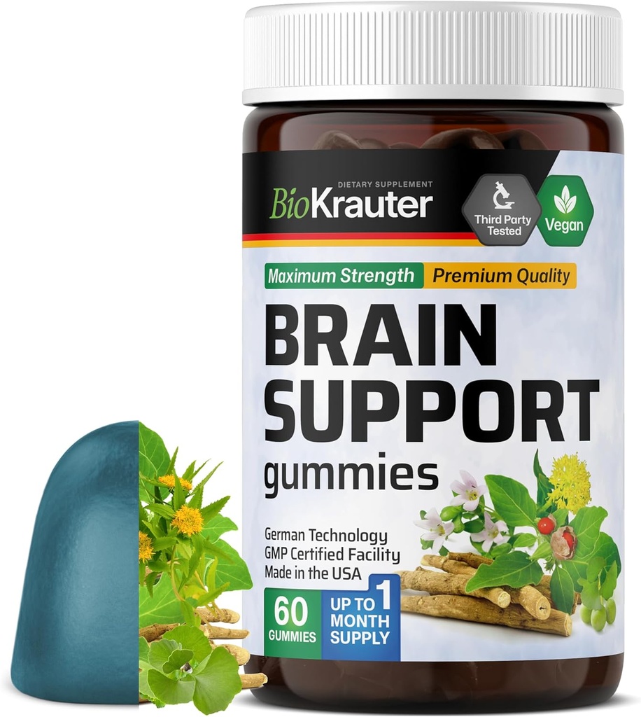 BIO KRAUTER Brain Support Gummies - 60 Vegan Chews - Natural Brain Supplement - Ashwagandha, Ginkgo Biloba, Bacopa, DMAE och vitaminer för kognitivt stöd