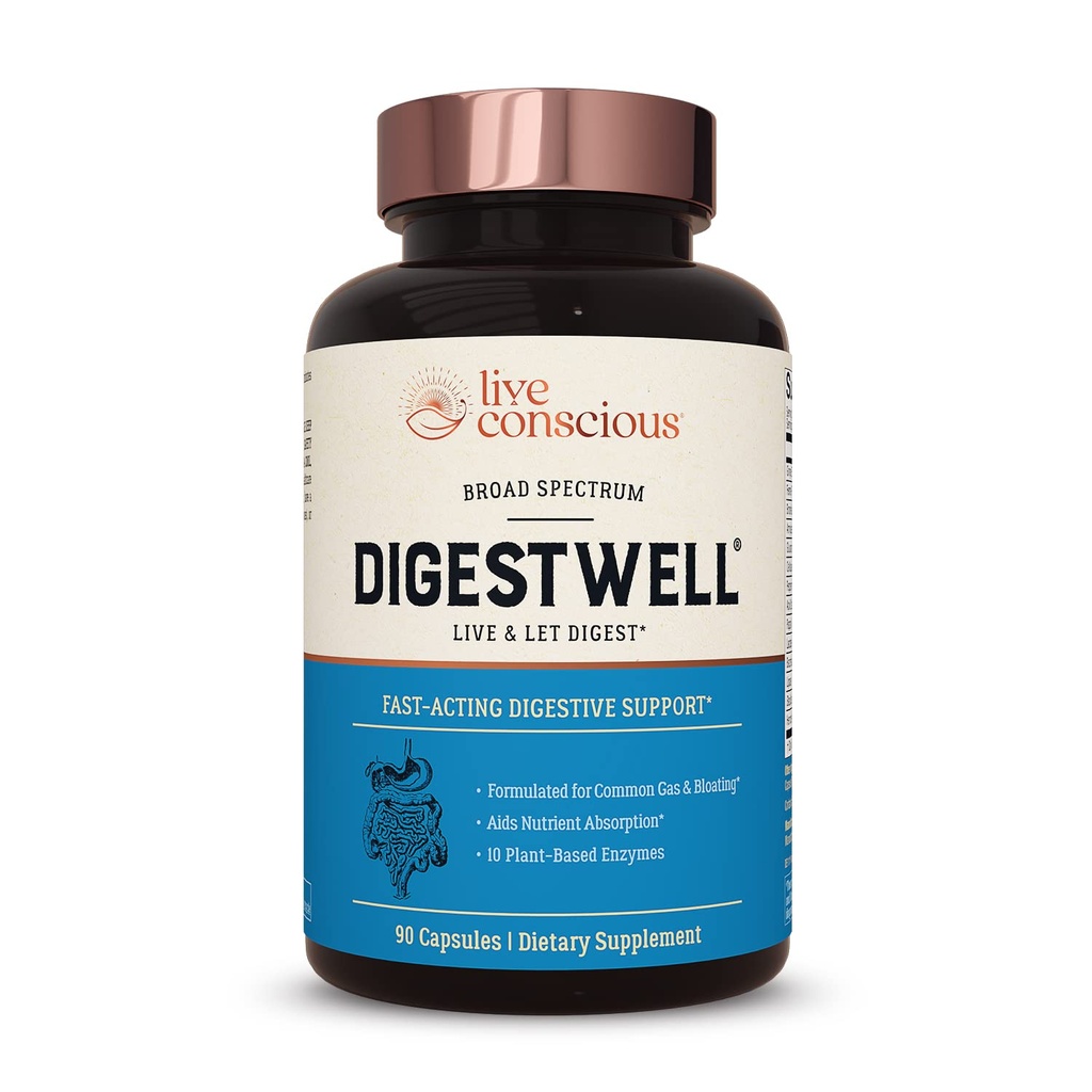 Live Conscious DigestWell Immediate Support - Fast-Acting Digestive Support | Broad Spectrum Enzyme, Probiotic & Herbal Formel - Minskar Everyday Gas & Bloating - 90 kapslar
