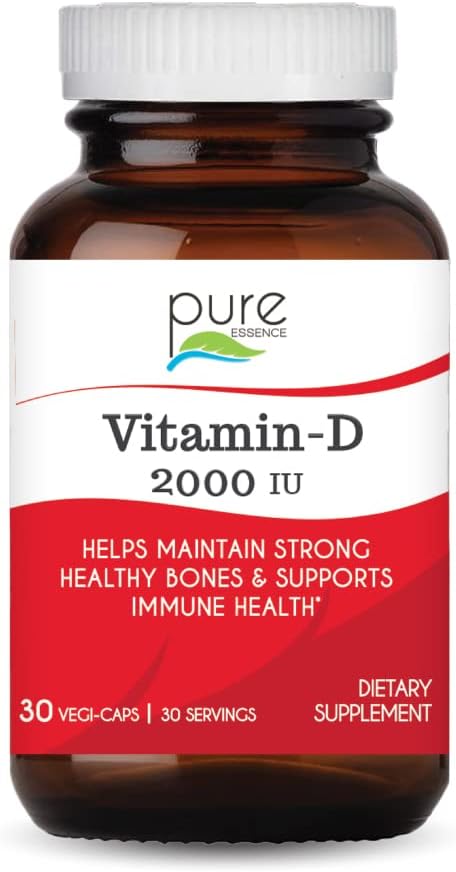 PURE ESSENCE LABS Vitamin D 2000 i.e. - najboljša imunosupresivna podpora za odrasle - Ekološki in naravni vitamini - Poživitveni odmerek in prehranski dodatki (30 kapsul)
