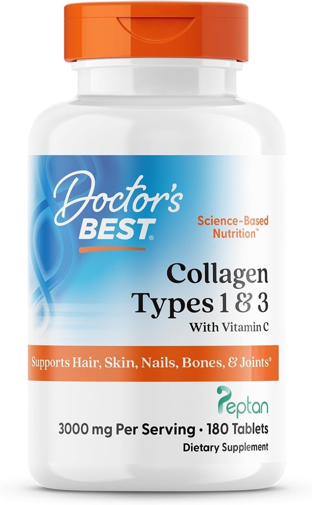 Doctor's Best Collagen Types 1 & 3 עם פפטן, Non-GMO, גלוטן חינם, Soy Free, תומך שיער, עור, ציפורניים, Tendons & Bones, 1000 מ"ג, 180 טבליות