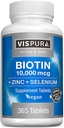 Biotin 10000 mcg + 锌 + 硒,纯, Vegan & Extra Strong, 毛发生长最佳补充剂, 光泽皮肤, 坚固钉*, 365片12个月, 天然无添加剂
