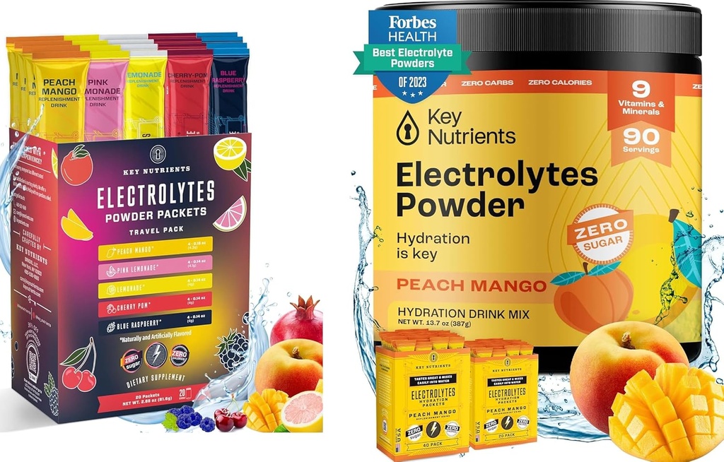 KEY NUTRIENTS Ultimate Hydration & Multivitamīnu Duo: 20-Pack Variety 5 Flavors + 90-Serving Tropical Peach Mango Elektrolītu pulveris