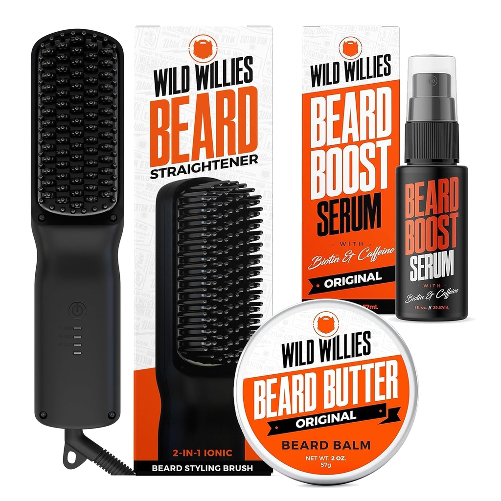 Wild Willies Beard Care Kit: Heated Beard Straightener for menn, Beard Butter, & Beard Growth Serum - Ultimate Grooming Tool Set, Beard Balm, Hydrating Serum, Hot Comb Beard Brush til daglig bruk