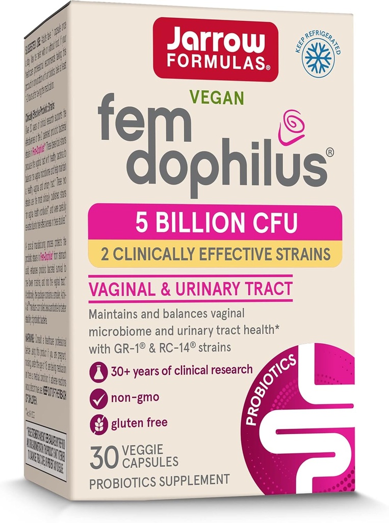 Jarrow Formulas Fem- Dophilus - 5 milliarder CFU per servering - Kvindernes Probiotiske supplement - Urinary Tract & Vaginal Sundhed - Op til 30 Servere (Veggie Caps)