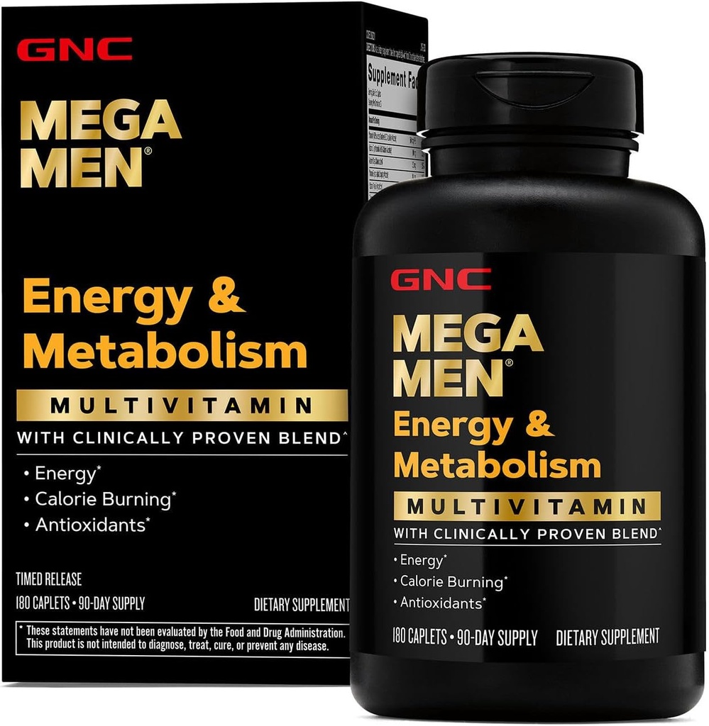 GNC Mega Mega Men Energy i Metabolisme Multivitamin Caplets, Clinicament Tests per sentir-se millor, Calor Burns, Focus, 100mg Caffine, Theramogenic, Imune, Bgaminas, llançament de temps, 180, Ciutat de 90 dies