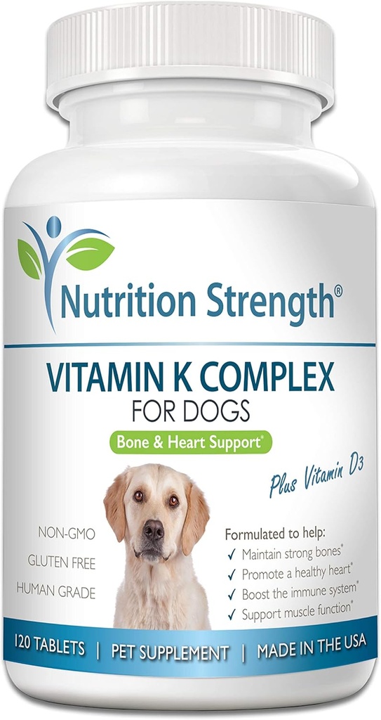 Vitamin K für Hunde, Vitamine K1 & K2 (MK4 & MK7) + Vitamin D3, helfen, starke Knochen zu bewahren, gesundes Herz zu fördern, Immunsystem zu stärken, Muskelfunktion zu unterstützen, 120 kämpfbare Tabletten