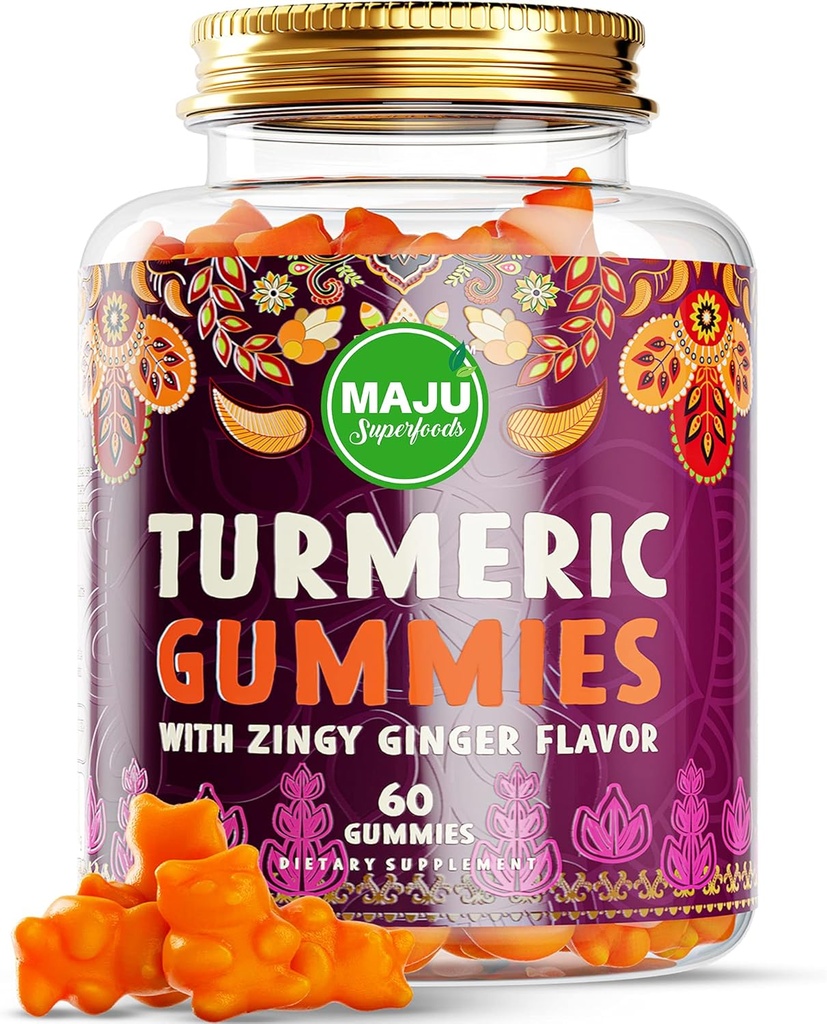 Maju 超级食品 Turmeric Curcumin Gummys 60ct, Zingy Ganger Ganger Taste, 增强吸收力和可能性的黑椒提取, 成人和儿童的Turmeric Gummys