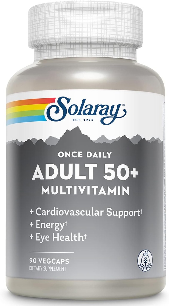 Solaray Once Daily Adult 50+ Complete Multivitamin for Women & Men, Essential Vitamins & Chelated Minerals for Healthy Energy, Heart, Brain & Immune Support, With CoQ10 & Lutein, Iron Free, 90 VegCaps