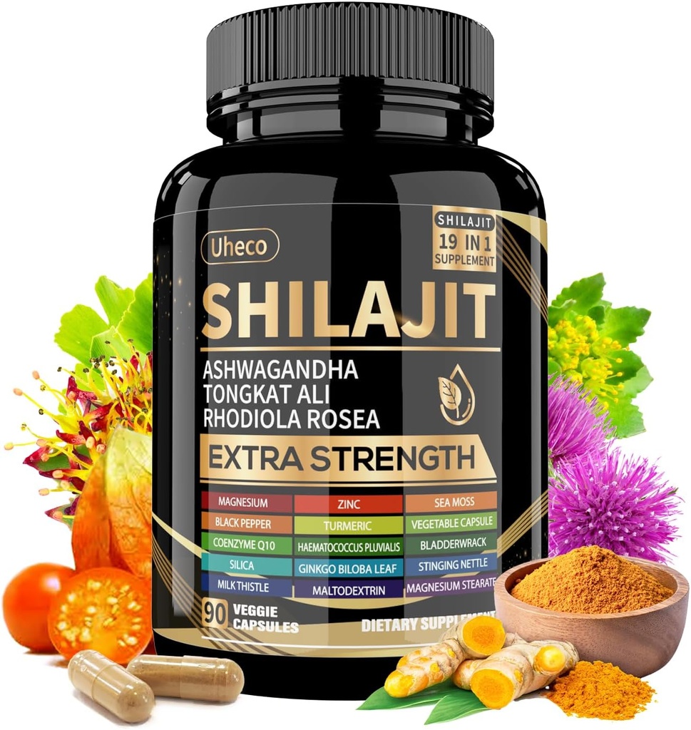 Shilajit Supplement med Sea Moss, Ashwagandha, Tongkat Ali - Shilajit Pure Himalayan Organic Fulvic Acid Capsules - 90 Count