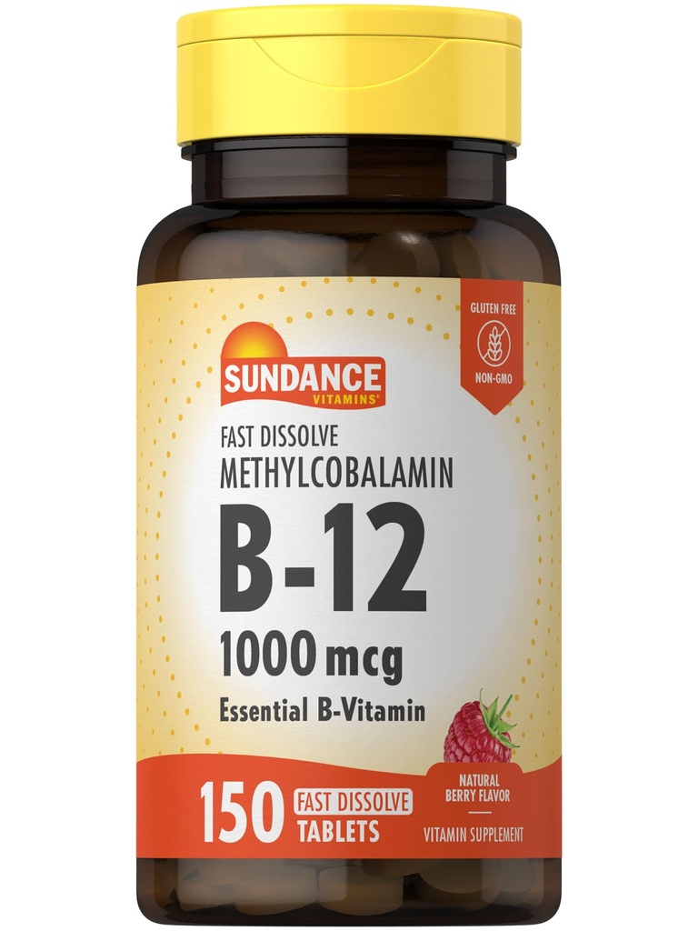 Sundance B-12 Methylcobalamin 1,000 mcg | 150 Fast Dissolve Tablets | Natural Berry Flavor | Vegetarian, Non-GMO, and Gluten Free Essential Vitamin Supplement
