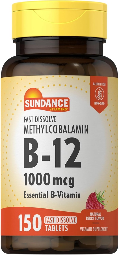 Sundance B-12 Methylcobalamin 1,000 mcg | 150 Táboas de dissolve rápidas | Natural Berry Flavor | Vegetarian, Non-GMO e Gluten Suplemento de vitaminas esenciais gratuítos