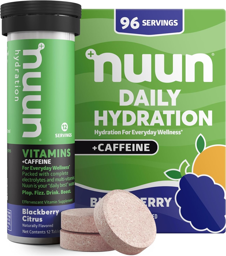 Nuun Vitamins + koffein Electrolyte tabletta D-vitaminnal, C, E, A, & B6, folsav, magnézium & 4 Egyéb esszenciális elektrolitok, glutén szabad & Vegan, Blackberry Citrus, 8 Pack (96 Servings Total)