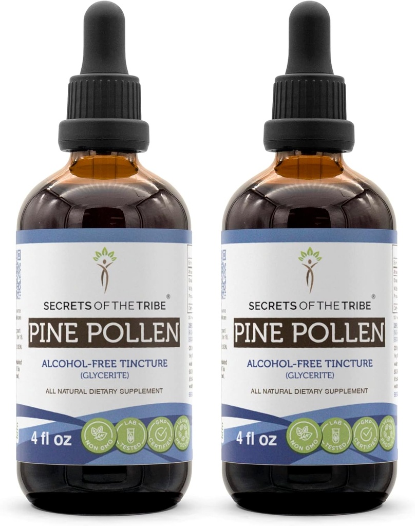 Secrets of the Tribe Pine Pollen Alcohol- Free Tincture (Glycerite) 697 mg Wildcrafted Pine Pollen (Scots Pine, Pinus sylvestris) Tørret Pollen (2x4 Fl Oz) Testosteron Support Supplement