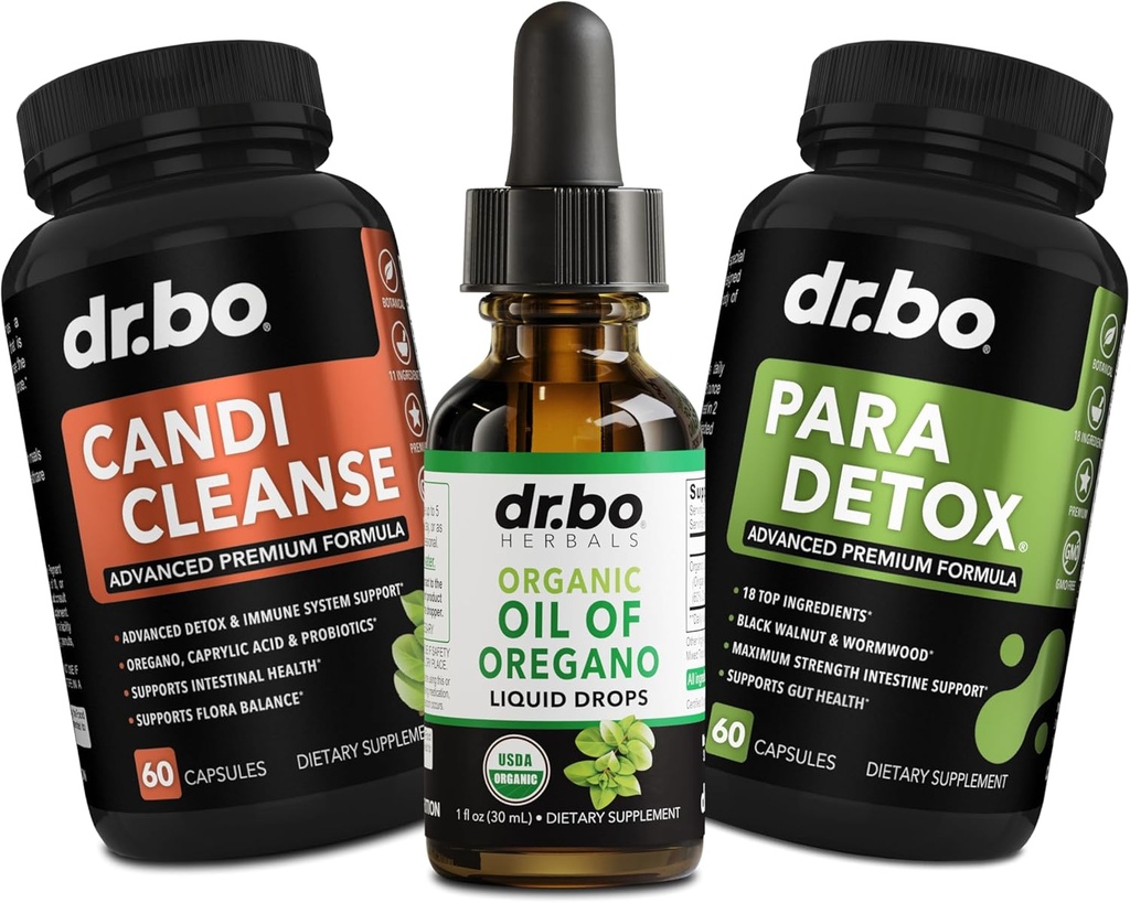 Oregano Oil Organic Liquid Drops & Cleanse Capsules - Organic Oil of Oregano Drops Tincture Extract, Candi Cleanse Detox - Caprylic Acid, Wormwood Black Walnut & Cloves Capsules