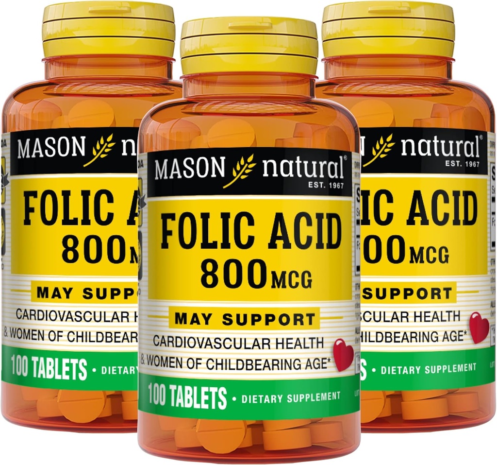 MASON NATURAL Folic Acid 800 mikrog - auttaa hermoston toimintaa, Päivittäinen täydentää terveyden, mielialan ja prenataalihoidon, naisten hedelmällisessä iässä, 100 tablettia (pakkaus 3)