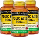 MASON NATURAL Folic Acid 800 mcg - מסייע לתפקוד מערכת העצבים, תוספת יומית לבריאות, Mood ו-Prenatal Care, עבור נשים של גיל המעבר, 100 טבליות (Pack של 3)