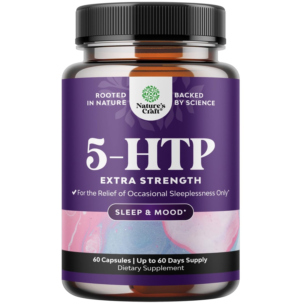 Natures Craft 5 HTP Supplement 5-Hydroxytryptophan - 100mg per Serving Gentle Herbal Sleep and Mood Enhancer Support Capsules from Griffonia Simplicifolia - 60 Count