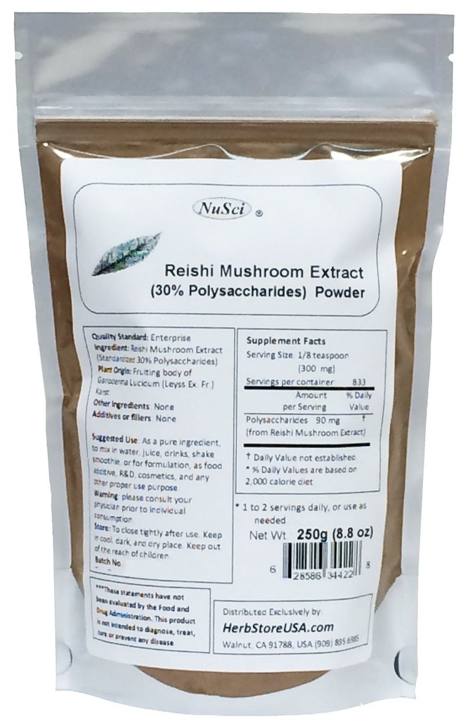 Reishi Mushroom Extract Powder Standardized 30% Polysaccharides 250 Grams (8.8 oz)