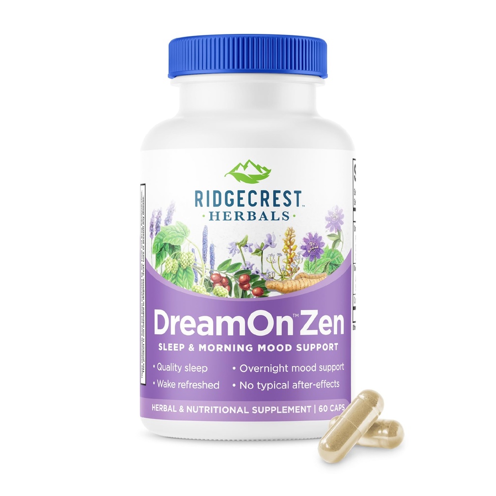 Ridgecrest Herbals DreamOn Zen, Sleep Support Supplement, Melatonin Free, Magnesium, 5-HTP, Lavender, Chamomile, Valerian, Lemon Balm for Adults and Children 12+ (60 Caps, 30 Serv)