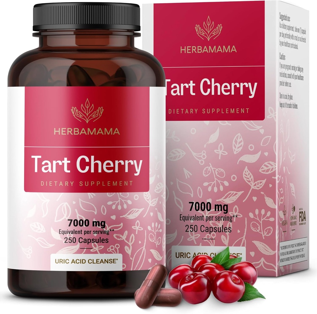 HERBAMAMA Tart Cherry Extract Capsules - Tart Cherry Extracto para soporte de ácidos úricos - Vegan, non-GMO Suplemento antioxidante