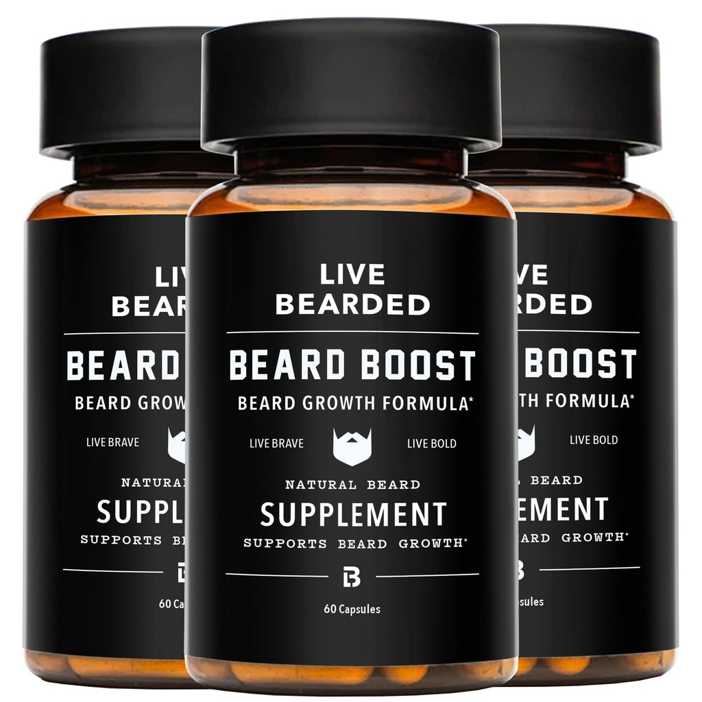 Live Bearded Beard Boost - Beard Growth Vitamins for Men with Biotin, Collagen, Silica, Fo-Ti Root - Facial Hair Growth for Men, Made in the USA | 90-Day Supply