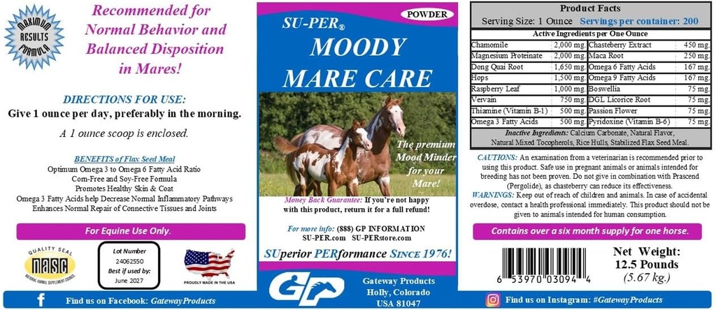 SU-PER Moody Mare Care Powder - Herbal Equine Horse Supplement with Chasteberry & Maca Root - 12,5 lbs
