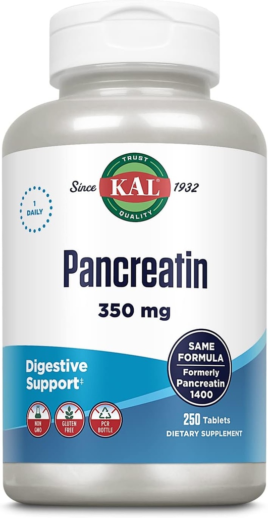 KAL pankreatin 350mg, seedetrakti ensüümid naistele ja meestele, kõhunäärme ensüümid seedetrakti tervise toetamiseks, gluteenivaba, mitte-GMO, kiire lagunemine, 60-päevane garantii, 250 serveerimist, 250 tabletti