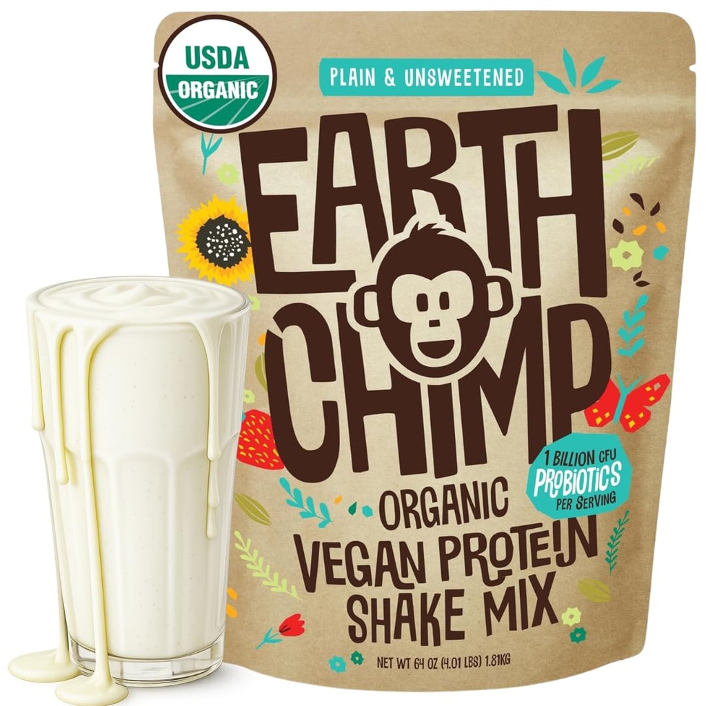 EarthChimp Organic Vegan Protein Powder - with Probiotics - Non GMO, Dairy Free, Non Whey, Plant Based Protein Powder for Women and Men, Gluten Free - 52 Servings, 64 Oz (Plain & Unsweetened)