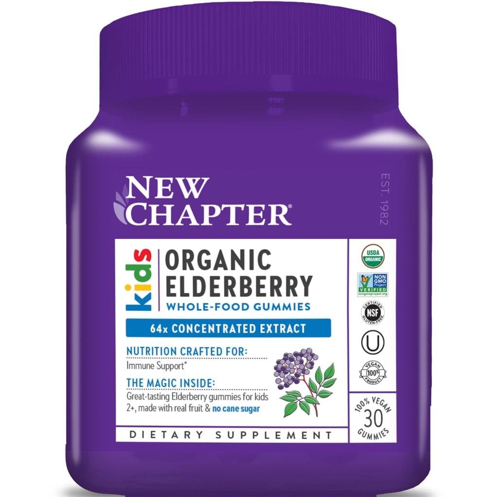 New Chapter Elderberry Gummies for Kids 2+, USDA Organic,64x Concentrated Pure Elderberry for Immune Support,Great Tasting Whole-Food Gummies, Vegan & Non-GMO, 30 ct